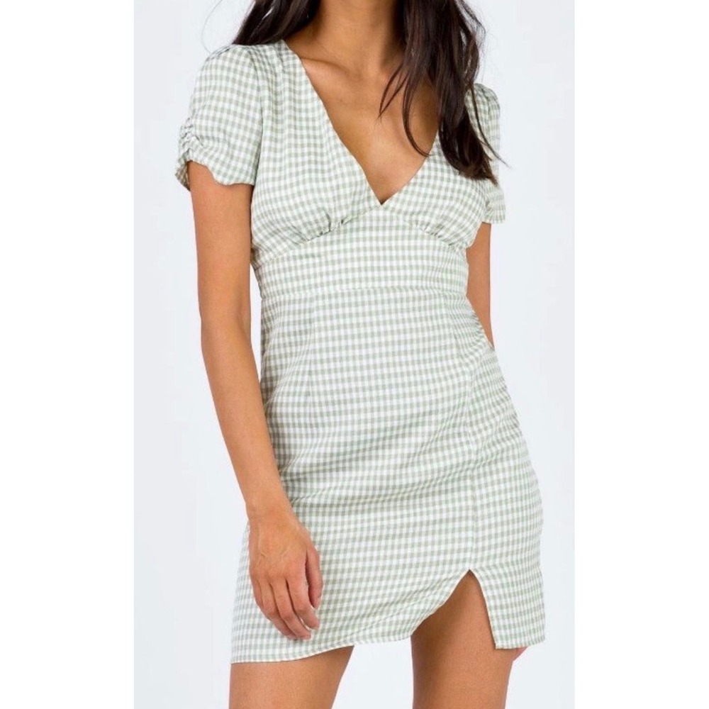 Princess Polly Green Gingham Mini Dress V-Neck Puff Sleeve Size 0 Cottagecore